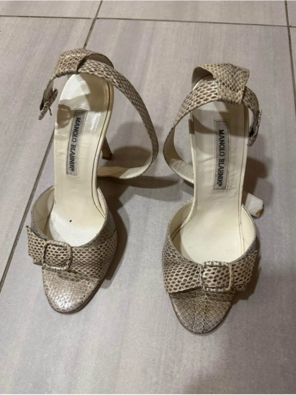 Vintage Manolo Blahnik Neutral Beige Snakeskin Buckle Heeled Sandals